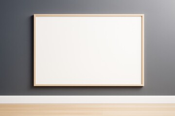 Poster - Blank wooden frame mockup on dark gray wall in modern interior room with light wooden floor and white baseboard, perfect for branding display.