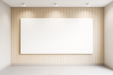 Aufkleber - Minimalist interior room with blank white canvas on wooden panel wall under ceiling lights for branding or artwork mockup in clean modern space.