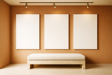 Poster - Modern minimalist interior with three blank white canvases on warm-toned wall and beige bench under spotlights in contemporary gallery room.
