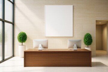 Poster - Modern office reception with wooden desk, dual computers, potted plants, and blank square frame on beige wall in bright minimal interior space.