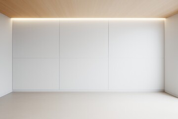 Poster - Modern minimalistic empty room with clean white walls, wooden ceiling, and soft ambient lighting for mockup or branding background purposes.