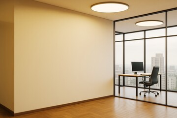 Poster - Modern empty office interior with blank wall and glass partition showing workspace with computer and city view in soft lighting atmosphere.