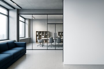 Poster - Modern minimalist office interior with glass-walled meeting room and empty white wall for branding or mockup concept in bright daylight setting.
