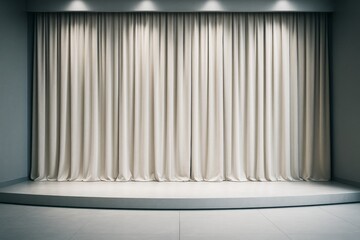 Aufkleber - Minimalist modern interior stage with closed beige curtain under spotlights in a clean architectural room with tiled floor and blank background.