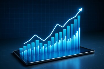 Poster - Glowing bar chart with upward arrow emerging from tablet on dark background representing business growth and financial success. Ai generative.