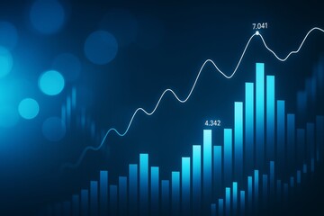 Poster - Abstract business background with glowing blue bar and line chart showing data growth and performance metrics on dark backdrop with bokeh light effect.