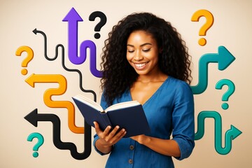 Poster - Woman reading book with colorful arrows and question marks around her on light background, symbolizing decision making and learning concept.