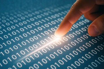 finger touching on digital data and binary information
