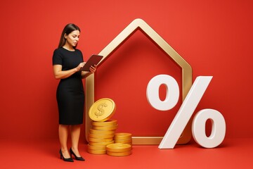 Poster - Businesswoman analyzing mortgage interest rates with dollar coins and house outline on red background, symbolizing real estate investment options.