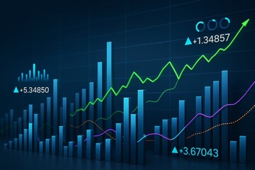 Poster - Futuristic financial growth chart with rising bar and line graphs on dark background showing business analytics and data trend concept.