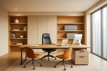 Poster - Modern minimalist executive office interior with wooden furniture, large windows, and cityscape background in soft natural lighting concept.