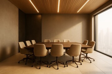 Aufkleber - Modern business meeting room with elegant wooden table, beige chairs, and warm lighting in high-rise office space with city background view.