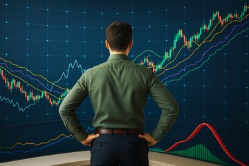 Poster - Businessman analyzing financial data on a colorful abstract light background with trading charts and indicators on digital screen wall.