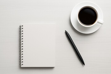 Aufkleber - Minimalistic workplace scene with blank notebook, black pen, and coffee cup on light wood background for business planning concept.