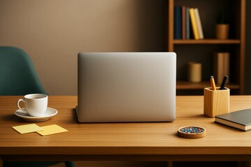 Aufkleber - Minimalist home office desk setup with laptop, coffee cup, and stationery on wooden surface with bookshelves in soft focus background. Ai generative.