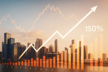 Poster - Abstract business graph with 150% growth and light city background showing financial success and market trends over modern skyline buildings.