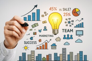 Poster - Business concept with marketing, teamwork, and success icons drawn around a glowing light bulb on white background with cityscape at the bottom.
