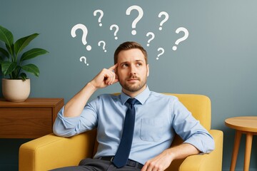 Aufkleber - Thoughtful businessman sitting on yellow chair with question marks above, symbolizing decision-making and uncertainty in modern office interior style.