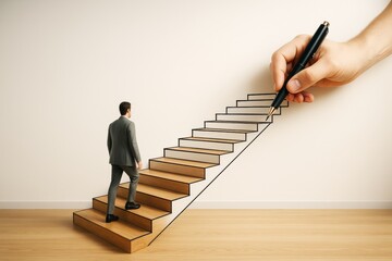 Poster - Businessman walking up wooden stairs being creatively drawn by a large hand with pen on light background symbolizing business growth concept.
