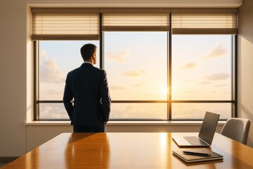Aufkleber - Businessman standing in office at sunrise looking out window with bright light and abstract clouds in background, symbolizing vision and leadership.