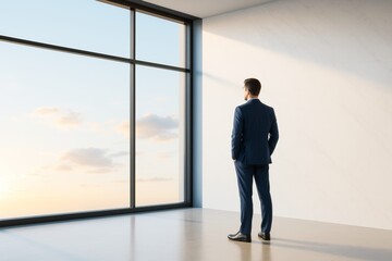 Poster - Businessman in suit standing in modern office with large window, gazing at sunrise sky in peaceful atmosphere with soft light and minimal background.