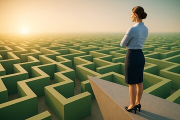 Poster - Businesswoman standing on edge overlooking maze at sunrise, symbolizing strategic planning and leadership in complex decision-making concept.