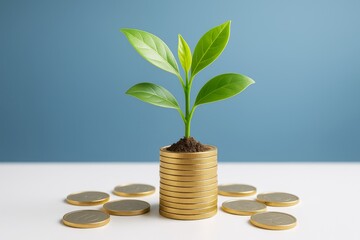 Poster - Green plant sprouting from stacked gold coins symbolizing financial growth and investment on light background with creative business concept..