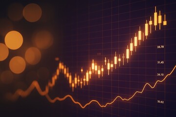 Aufkleber - Glowing financial candlestick chart with rising trend line and bokeh lights on dark background illustrating business growth concept.