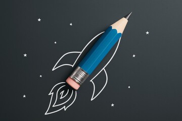 Poster - Blue pencil styled as a rocket with doodle flames on dark background surrounded by stars, symbolizing creativity and innovation in business.