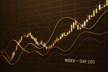Poster - Abstract financial stock chart with glowing lines and candlestick index data on dark background representing business analytics concept.