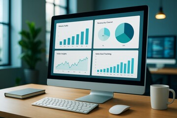 Poster - Business analytics dashboard displayed on modern desktop computer in office with light and abstract background elements on wooden desk surface.