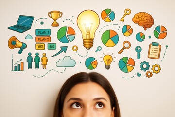 Aufkleber - Woman thinking with colorful business strategy icons, charts, lightbulb and abstract illustrations on light background above her head. Ai generative.