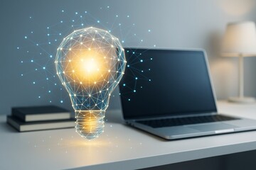 Poster - Glowing abstract light bulb formed by connected nodes near laptop on desk in modern office background representing innovation and business ideas.