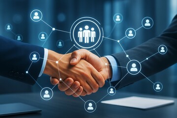 Poster - Business handshake with digital network icons symbolizing partnership and teamwork on a futuristic office background. Ai generative.