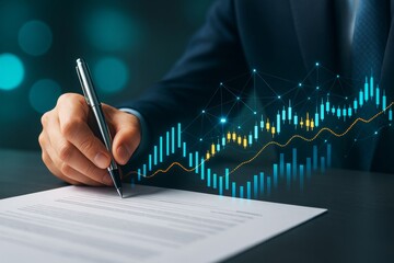 Poster - Businessman signing financial document with abstract stock market chart and glowing graph on dark background, symbolizing investment growth concept.