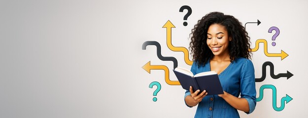 Poster - Woman reading book with question marks and arrows behind her on light background, symbolizing decision-making and learning concept.