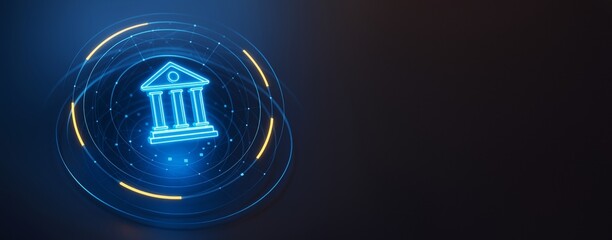 Poster - Digital banking icon with futuristic glowing blue lines on abstract dark background with copyspace for business design or promotion template use.