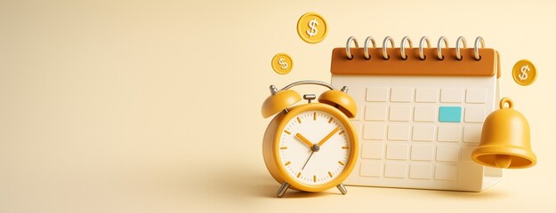 Poster - Deadline reminder concept with clock, calendar, coins and bell on light background for business time management and financial planning template.