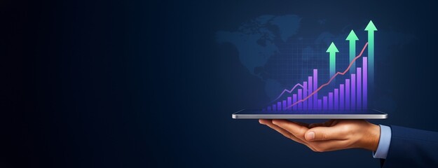 Poster - Businessman hand holding tablet with glowing bar chart and upward arrows symbolizing business growth on dark background with copyspace.
