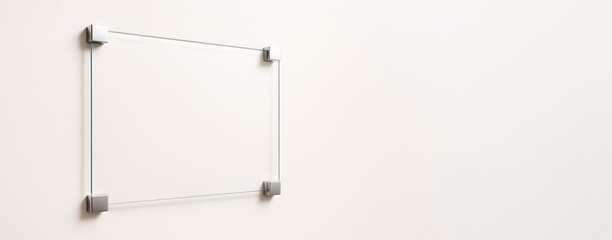 Poster - Glass sign mockup on white wall with metal holders for business or advertising design presentation with light background and copy space concept.