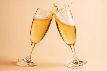 Aufkleber - Two champagne glasses clinking with splash effect against soft light background, celebrating moment in creative drink concept.