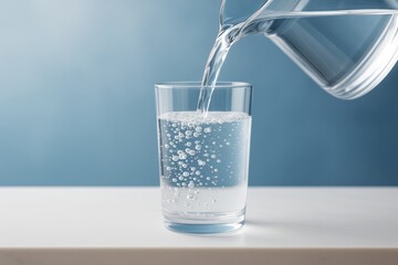Poster - Sparkling water being poured into a clear glass from a pitcher on a light surface with a soft blue abstract background. Ai generative.