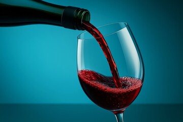 Aufkleber - Red wine being poured into a clear glass with dynamic splash and bubbles, isolated on a blue background with soft light, drink concept focus.