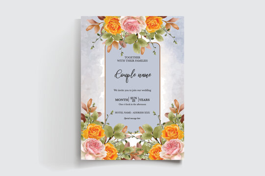 WEDDING INVITATION FRAME WITH FLOWER DECORATIONS AND FRESH LEAVES