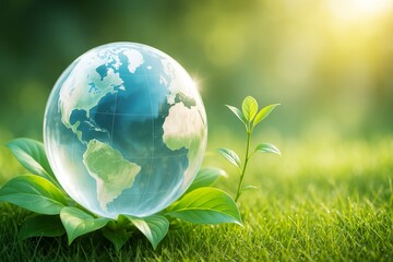Poster - Glass globe showing Earth resting on green leaves beside a young plant, symbolizing environmental protection and sustainability concept.