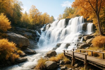 Poster - Majestic waterfall cascading through autumn forest with wooden bridge under soft daylight in serene natural environment background.