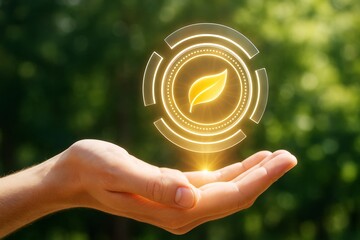 Poster - Glowing eco leaf icon floating above human hand symbolizing green energy and sustainability in digital abstract environment background concept.