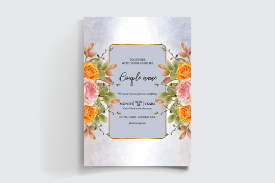 WEDDING INVITATION FRAME WITH FLOWER DECORATIONS AND FRESH LEAVES