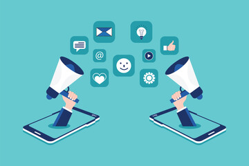 Poster - Hand holding megaphone through smartphone screen. Social media and digital marketing concept