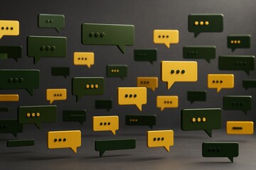 Aufkleber - Floating green and yellow chat bubbles with three dots symbolizing messages on dark background. Creative communication concept design. Ai generative.